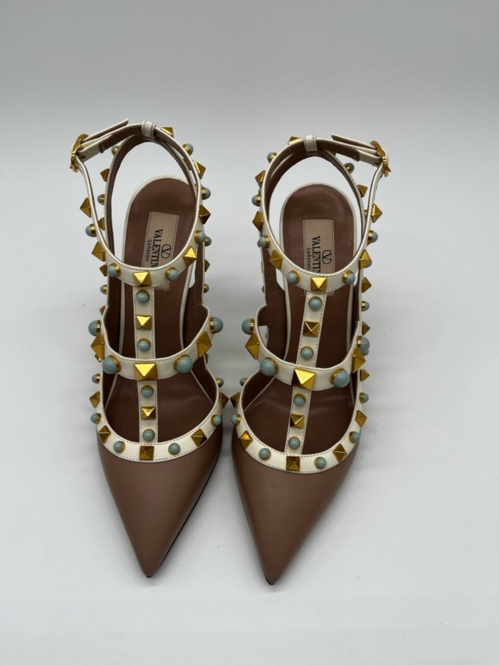 Valentino Garavani Rockstud Embellished Pumps Nude White Turquise - 37.5 US 7.5 - Picture 6 of 14